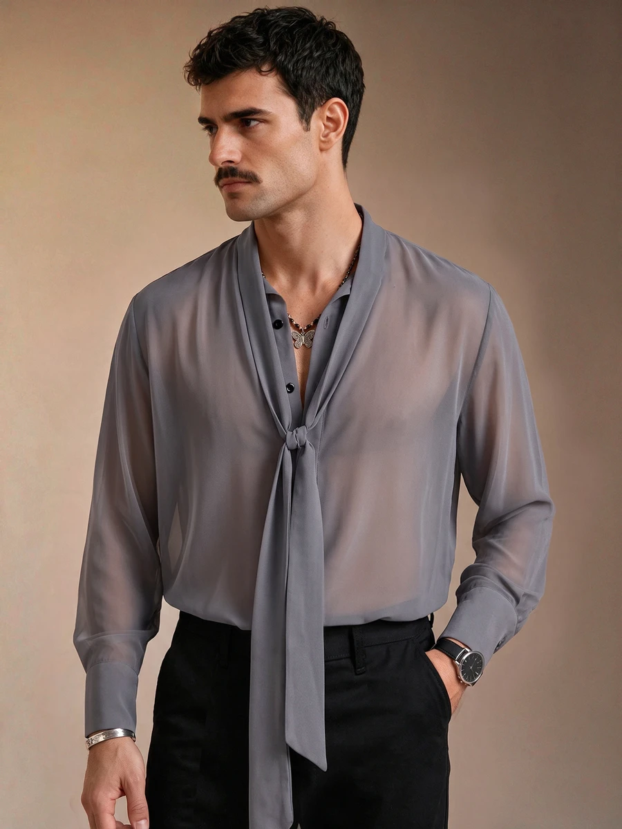 ZURIURI Men's Sheer Sexy Casual Shirt With Ribbon - Grey - View 1