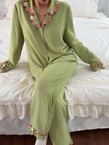 CottageSlumber Women's Embroidered Lace Trim Lapel Open Front Long Sleeve Pajama Set With Long Pants - Green - View 5