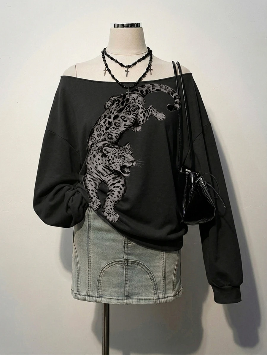 SHEIN EZwear 休閒極簡虎紋印花衛衣 秋冬款 - 彩色 - 查看 1