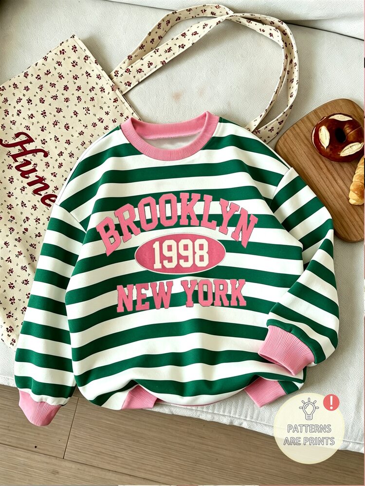 Girls' Vintage Striped Crew Neck Sweatshirt, Green And White Contrast Stripes With Pink Ribbed Collar, American Letter Print, Eye-Catching Loose Drop Shoulder Fit, Ribbed Collar And Cuffs, Casual Vintage Cute Fashion, Suitable For Daily Wear, School, Autumn/Winter, Back To School, Christmas, Halloween, Brooklyn American Retro 1998 - Multicolor - View 3
