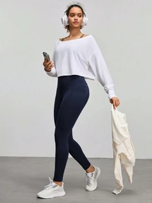 Easithlete Easithlete 女款高腰口袋休閒基礎款低腰百搭日常穿著運動緊身褲健身跑步海軍藍夏季 - 藏蓝色 - 查看 5