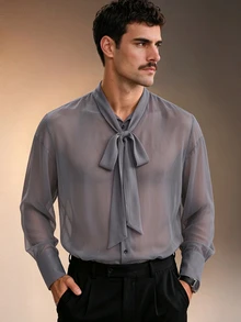 ZURIURI Men's Sheer Sexy Casual Shirt With Ribbon - Grey - View 5