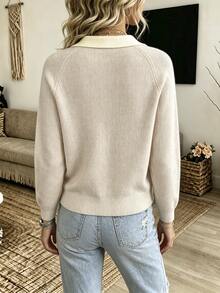 SHEIN Holidaya Women's Colorblock Raglan Long Sleeve Polo Collar Casual Sweater - Apricot - View 2