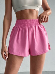 SHEIN Sovereign Charm 純色側開衩休閒運動短褲 - 粉色 - 查看 4