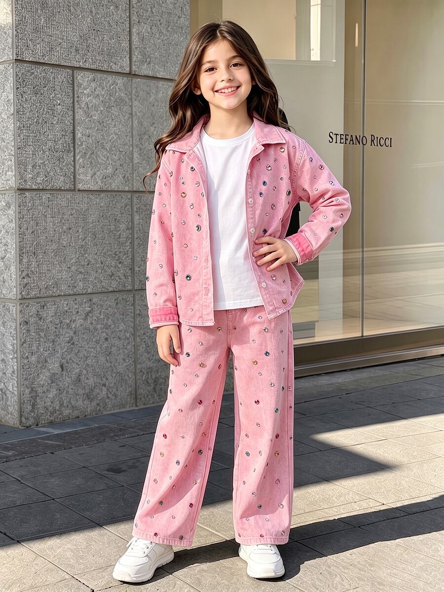 2pcs/Set Young Girls Printed Asymmetrical Collar Long Sleeve Shirt And Printed Shorts, Casual College Style, Suitable For All Seasons - Pink - View 1