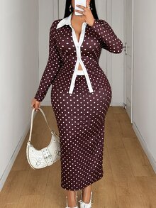 Maweii Set Atasan Kancing Kerah Polkadot Ukuran Besar dan Rok Polkadot Belahan Belakang, Busana Elegan Serbaguna untuk Komuter, Set Pakaian Dalam Musim Gugur/Dingin - Coklat - View 5