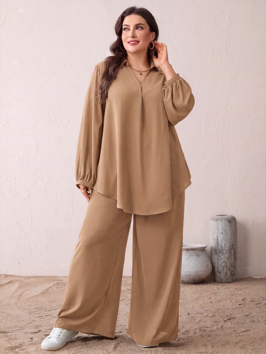 SHEIN Essnce 大尺碼女款純色翻領長袖襯衫與寬腿褲休閒優雅兩件套 秋季早午餐 正式場合 卡其色 外出度假 - 卡其色 - 查看 1