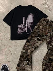 青少年男孩休閒舒適時尚極簡圓領短袖上衣與喇叭褲套裝 - 彩色 - 查看 3