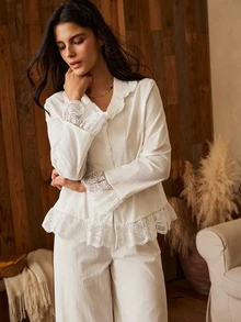 Lullawish Bohemian Vacation Casual Embroidered Lace Trim Ruffle Patchwork Loose Cotton Blend Woven Women's Pajama Set - White - View 4