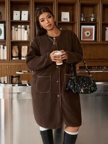 Muchica Women's Plus-Size Brown Single-Breasted Casual Mid-Length Coat In Faux Shearling, Featuring Pockets; Suitable For Autumn And Winter. - Brown - View 6
