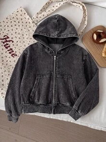 SHEIN Tween Girls' Black Knit Denim Short Hooded Long Sleeve Jacket - Black - View 2