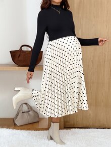 MaterniWear Maternity Patchwork Polka Dot Print High Neck Long Sleeve Nursing Dress - Black - View 6