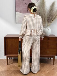 Lounesse Plus Size Women's Casual 2 Pieces Set, Plaid Outfit, Autumn Outdoor Wear Fall - Apricot - View 3