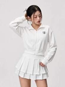 DAZY Women's Zip-Up Long Sleeve Jacket And Pleated Mini Skirt Sports Set Fall - White - View 2