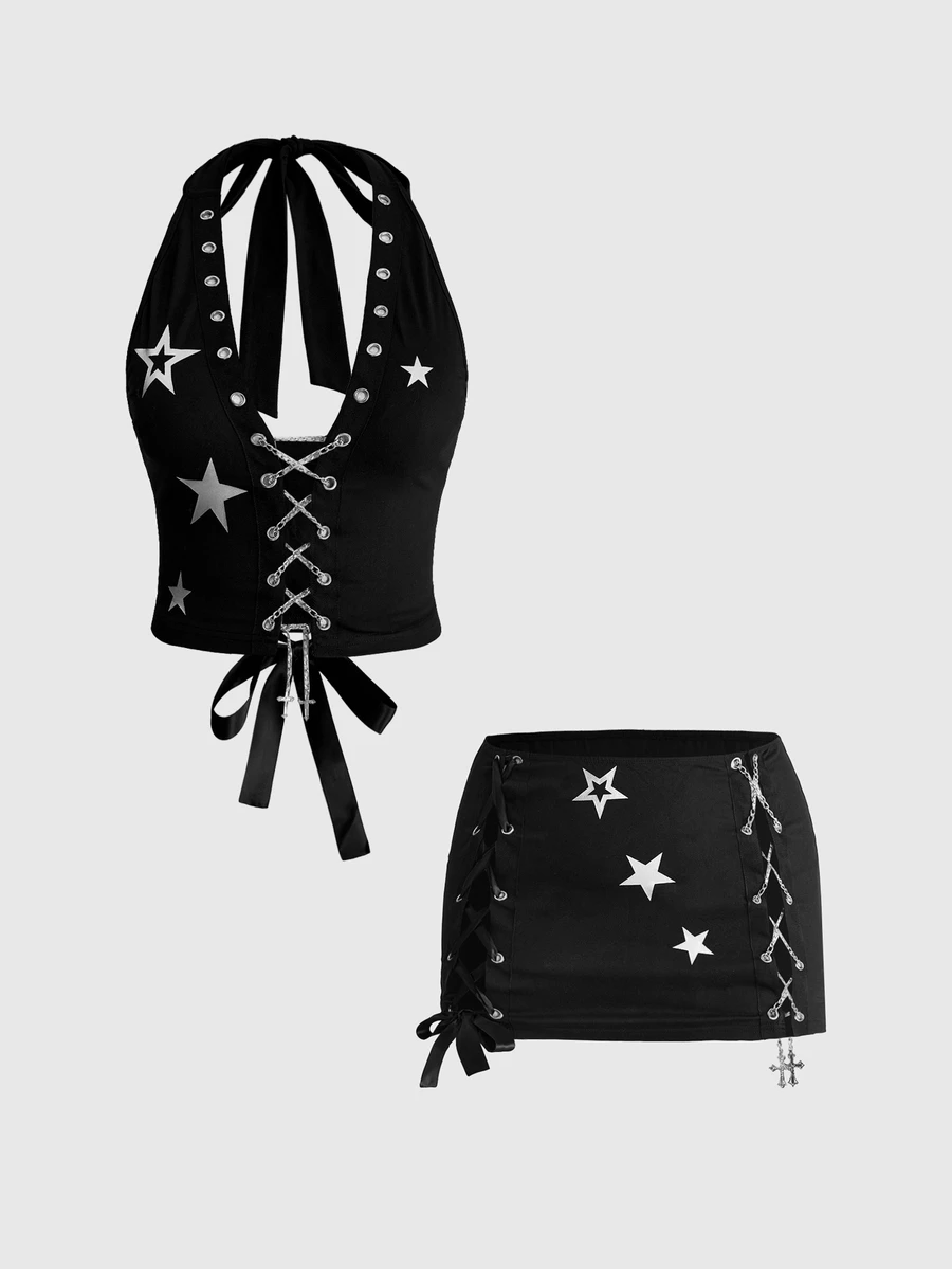 ROMWE Grunge Punk Set 2 Potong untuk Wanita Ukuran Plus: Atasan Tank Top Model Halter Neck Pendek dengan Motif Bintang Punk dan Rok Mini Pinggang Sangat Rendah - Hitam - View 1
