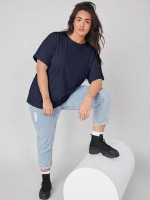 SHEIN BASICS 大尺碼捲袖口純色夏季上衣 - 藏蓝色 - 查看 3
