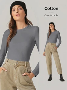 SHEIN BASICS 女款休閒百搭純色修身長袖T恤上衣 白色 - 灰色 - 查看 8