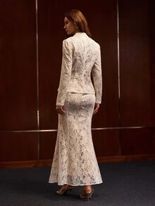 MOTF PREMIUM ELEGANT EXQUISITE LACE FROG BUTTON TOP AND MERMAID HEM SKIRT 2-PIECES SET - White - View 4