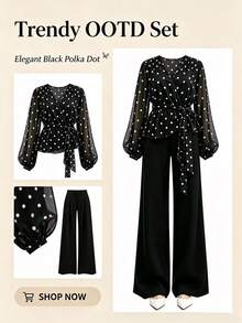GlowEve CURVE Plus Size Women's Polka Dot Lantern Sleeve Top And Wide Leg Pants Casual 2 Pieces Set - Black - View 3