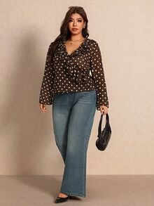 Elaquor Plus Size Women's Polka Dot Pattern Ruffle Collar Long Sleeve Fashion Blouse - Coffee Brown - View 1