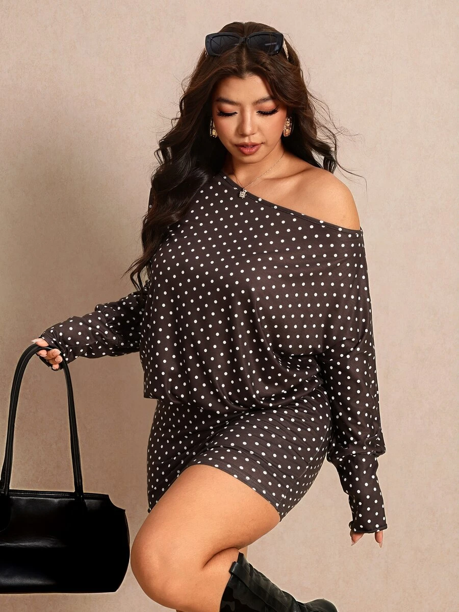 Elaquor Plus Size Women's Polka Dot Asymmetrical Shoulder Casual Daily Summer Dress - Multicolor - View 1