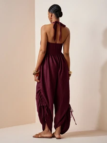 Zivah Women's Solid Color Pleated Side Drawstring Design Halter Neck Jumpsuit - Burgundy - View 11
