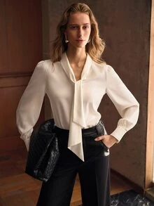 MOTF PREMIUM WOMEN'S SPRING/AUTUMN SOLID COLOR TIE NECK BLOUSE FOR DAILY OFFICE COMMUTE - White - View 6