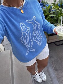 Muchica 新款秋冬大尺碼女款海軍藍拼色圓領魚紋休閒時尚日常度假正式長袖針織衫 - 藍色 - 查看 1