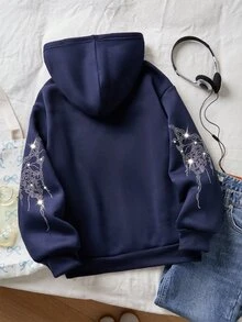 SHEIN 1件青少年女孩休閒極簡字母印花口袋拉鍊連帽長袖運動夾克，街頭風，秋冬必備 - 藍色 - 查看 2