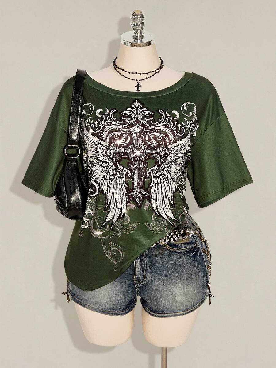 SHEIN ICON 大碼T恤 - 軍綠色 - 查看 1