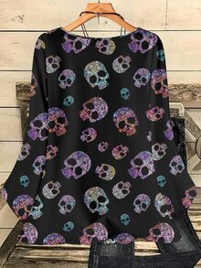 SHEIN VCAY 大尺碼女款秋冬休閒全印花圓領寬鬆七分袖上衣 - 彩色 - 查看 2