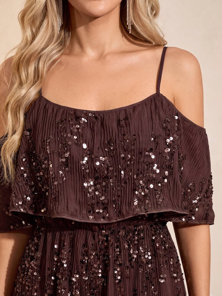 SHEIN Clasi Women's Dark Brown Sequin Patchwork Elegant Mid-Length Jumpsuit, Autumn Banquet Wedding Guest Party Dress, Luxury Formal Evening Gala Jumpsuit - Brown - View 7