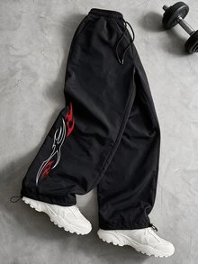 Sport MetroGents 男士火焰印花抽繩腰鬆款運動長褲 - 黑色 - 查看 1