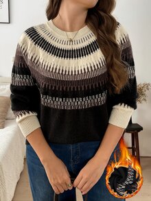 Easowa Curve Plus Size Autumn/Winter Casual Colorblock Striped Pullover Sweater - Multicolor - View 5