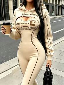 Rovax Women's Letter Print Long Sleeve Drawstring Hoodie And Camisole Jumpsuit Set - Multicolor - View 4