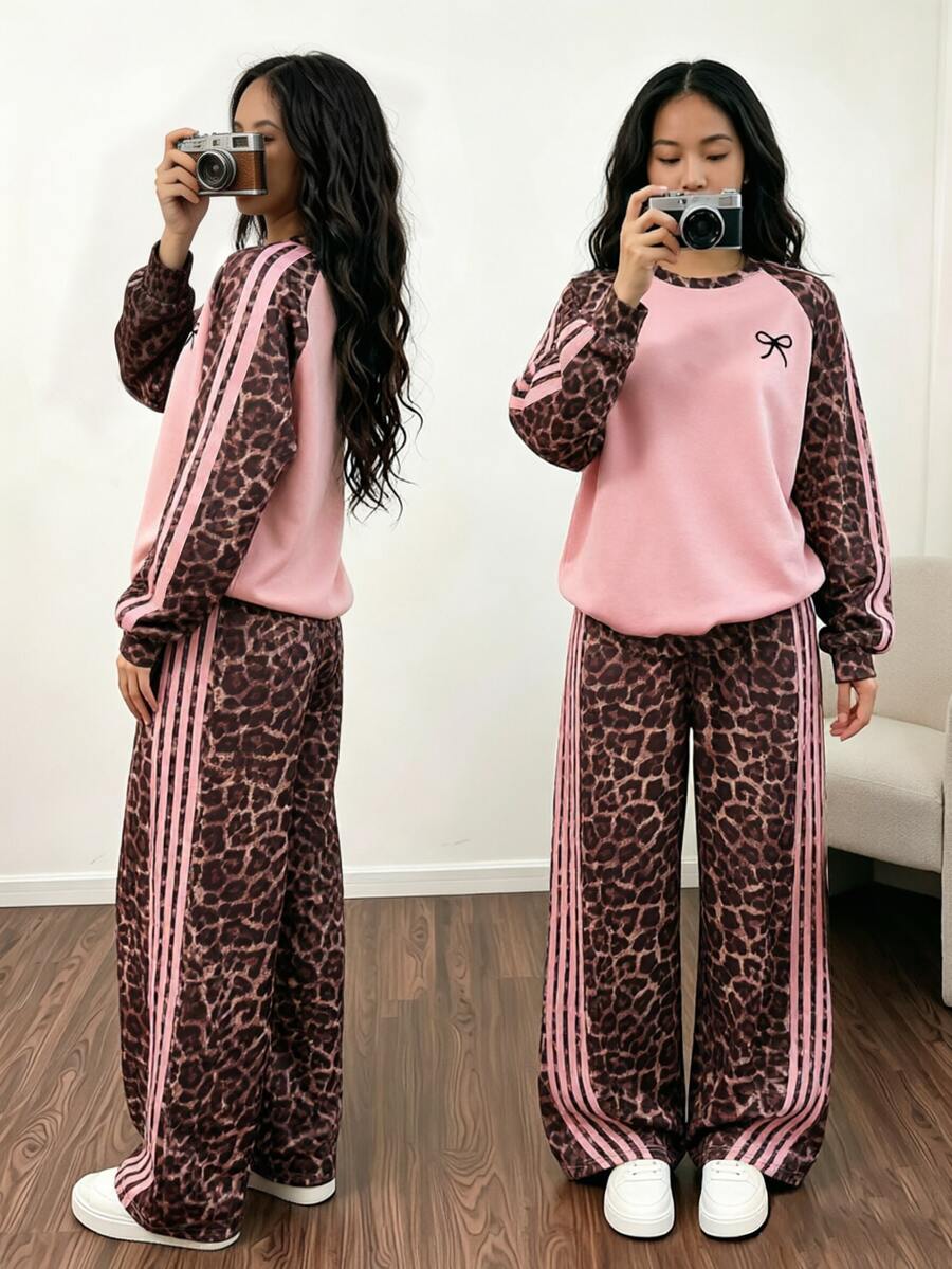 SHEIN 青少年女孩秋季套裝 粉色與酒紅色拼色插肩袖圓領長袖運動衫與側條紋寬腿運動長褲 2件套 - 彩色 - 查看 1