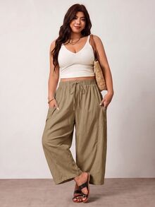 Enliva Plus Size Loose Fit Drawstring Casual Cropped Pants - Khaki - View 5