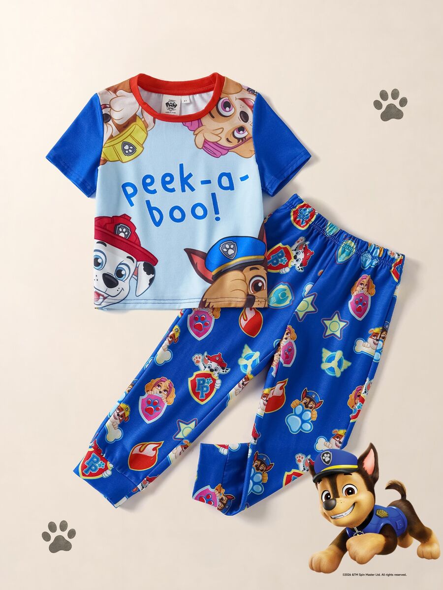 Maija Kids SHEIN | PAW Patrol Maija Kids 小男孩夏季可愛童裝休閒卡通圖案短袖T恤與鬆緊腰長褲套裝 生日禮物 粉色藍色 - 藍色 - 查看 1