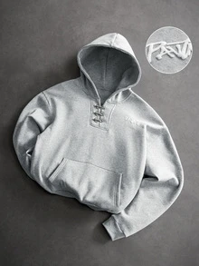 PAVTROS Men's Letter Patch Airplane Buckle Design Hoodie - Grey - View 7