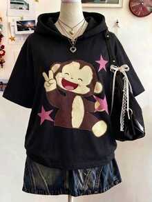 Lalippa Women's Cute Monkey Pattern Hooded Short Sleeve Sweatshirt, Y2K Sweet Cool Star, Autumn/Winter Street Style - Multicolor - View 1