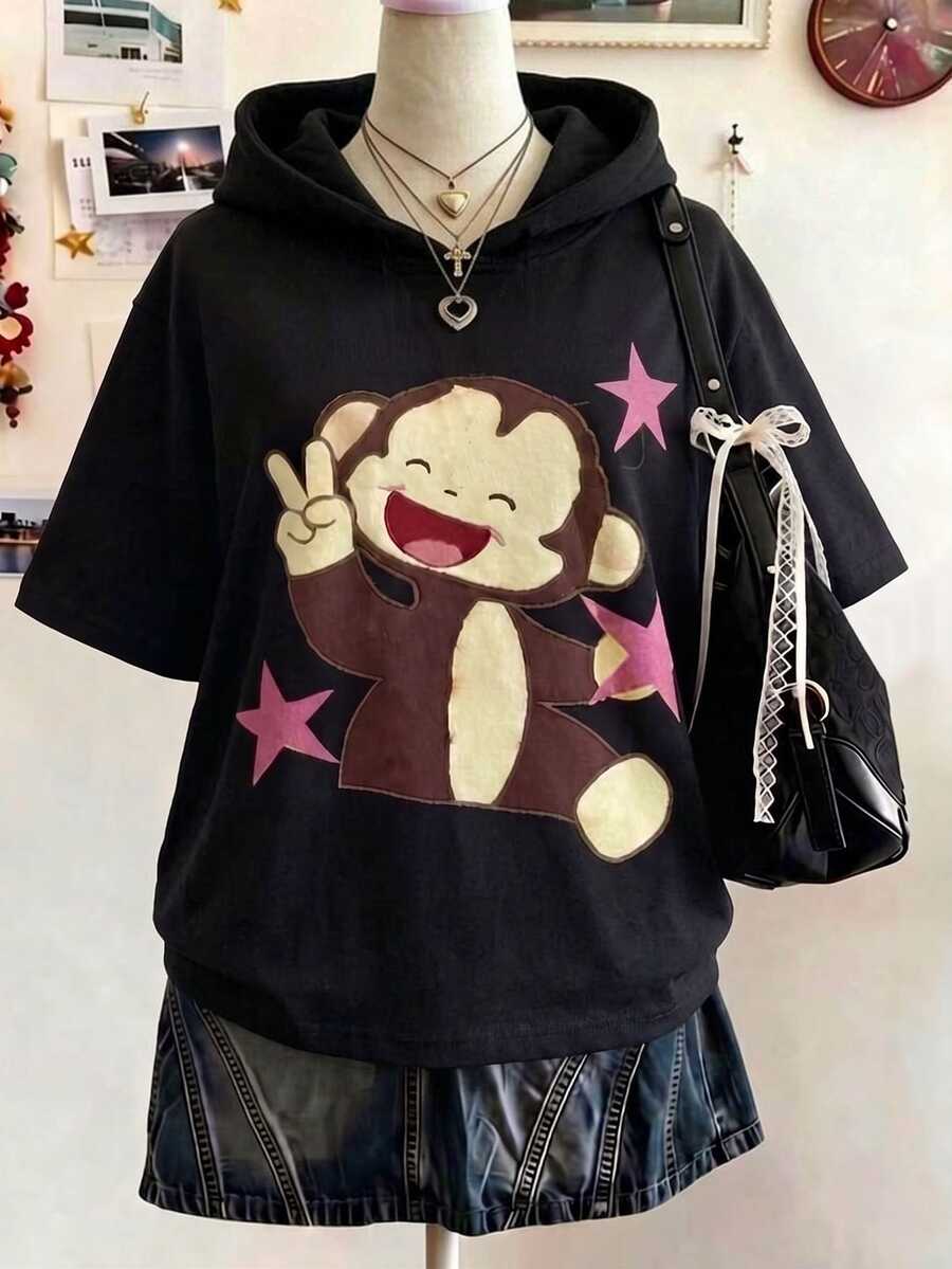 Lalippa Women's Cute Monkey Pattern Hooded Short Sleeve Sweatshirt, Y2K Sweet Cool Star, Autumn/Winter Street Style - Multicolor - View 1