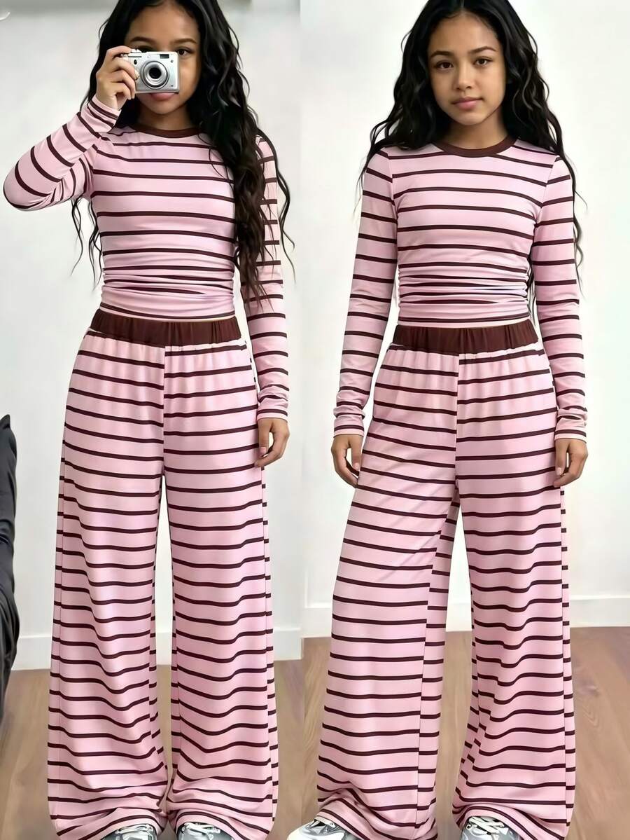 SHEIN Tween Girl) Striped Short Sleeve & Long Pants 2 Pieces Set, Fall Outfits, Fall Tops, Fall, Holiday Outfits - Pink - View 1