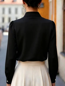 SHEIN Women's Woven Solid Color Ruched Collar Casual Elegant Long Sleeve Blouse, Autumn Office Dinner Black - Black - View 3