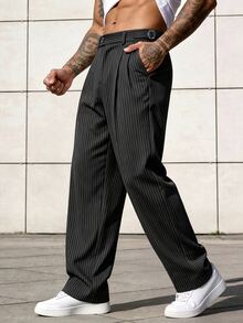 Manfinity Mode Men's Black Striped Suit Pants, Light Business Casual Loose Fit Fashion Versatile Long Pants - Black - View 4