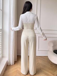 Celisse Spring/Autumn Beige 2 In 1 Waist-Cinching Top And Wide-Leg Pants Suit Set, Professional Commuter Outfit For Office, Interview, Afternoon Tea, Elegant Style - Beige - View 2
