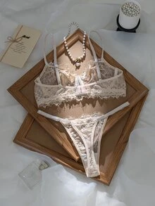SHEIN 2件組玫瑰紅成熟性感風蕾絲拼接內衣套裝 - 杏色 - 查看 2