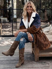 LanaWest Women's Lambswool Collar Colorblock Corduroy Jacket For Daily, Vacation And Commute - Coffee Brown - View 6
