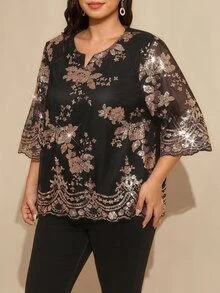 Comfylo 大尺碼女款花卉印花休閒日常穿著襯衫 - 金色 - 查看 11