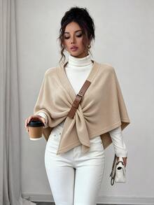 Selianne Jaket Cape Wanita Warna Polos dengan Kancing Depan, Musim Gugur/Dingin - Aprikot - View 4