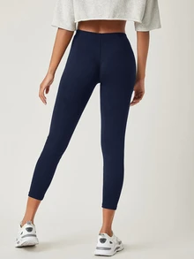 SHEIN BASICS 女款純色透氣七分緊身褲 夏季健身瑜伽運動穿搭 海軍藍 休閒基礎款 - 藏蓝色 - 查看 2